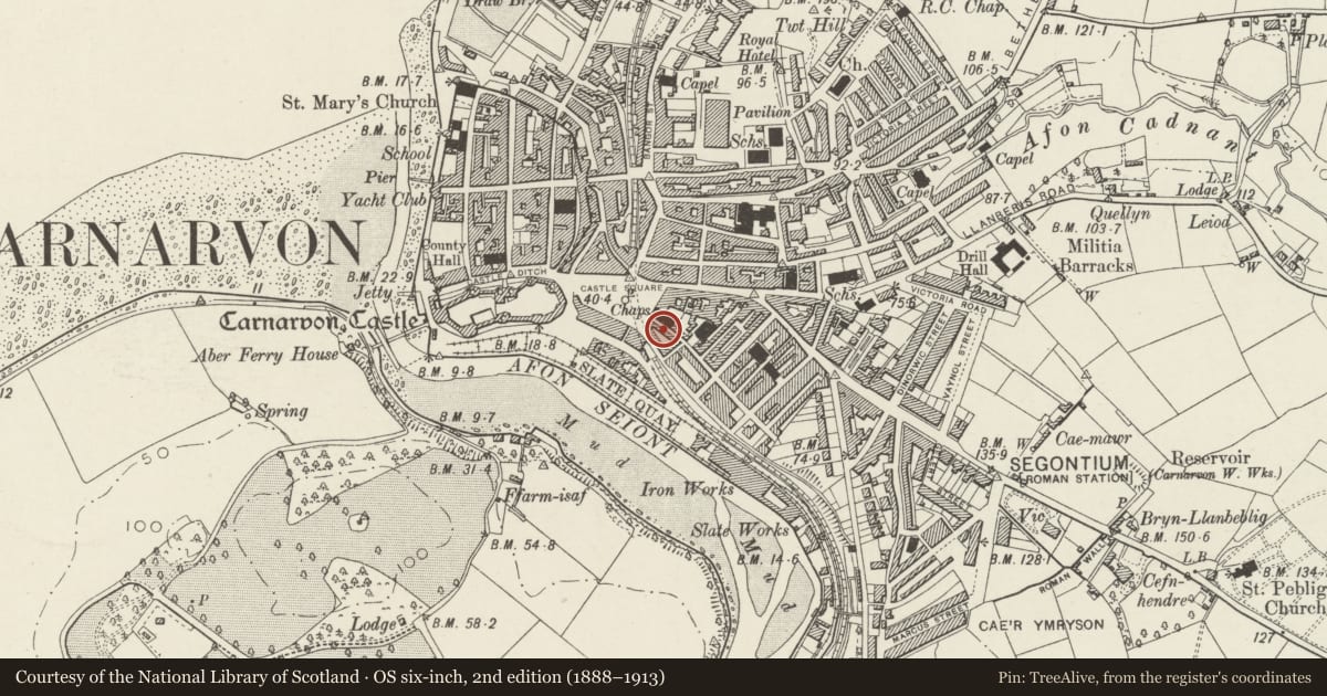 Ordnance Survey six-inch map, 2nd edition (1888–1913) covering the location of Post Office, Caernarfon, Gwynedd, with a pin at the register's coordinates