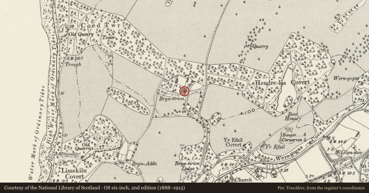 Ordnance Survey six-inch map, 2nd edition (1888–1913) covering the location of Bryntirion, Pentir, Gwynedd, with a pin at the register's coordinates