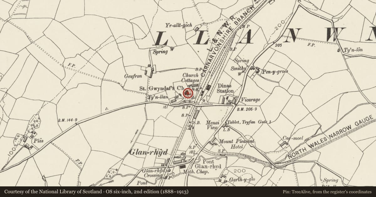 Ordnance Survey six-inch map, 2nd edition (1888–1913) covering the location of Church of St Gwyndaf, Llanwnda, Gwynedd, with a pin at the register's coordinates