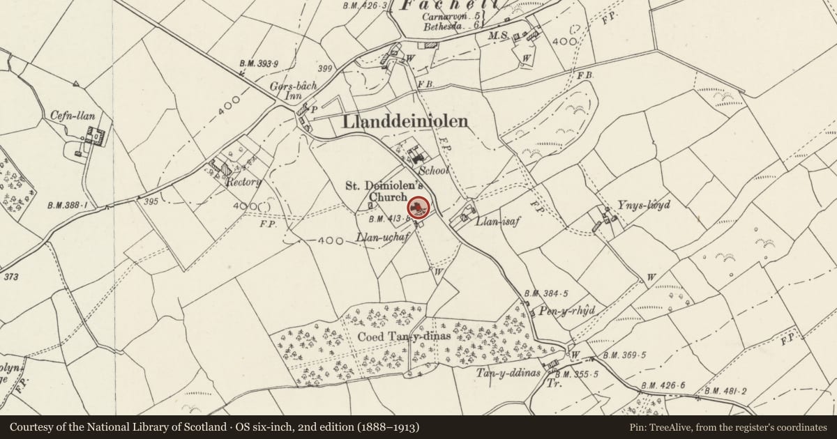 Ordnance Survey six-inch map, 2nd edition (1888–1913) covering the location of Church of St Deiniol, Llanddeiniolen, Gwynedd, with a pin at the register's coordinates