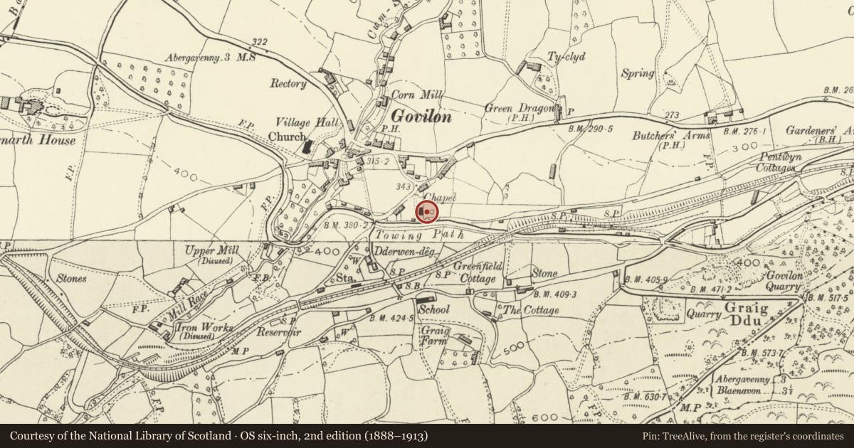 Ordnance Survey six-inch map, 2nd edition (1888–1913) covering the location of Llanwenarth Baptist Church, Llanfoist Fawr, Monmouthshire, with a pin at the register's coordinates