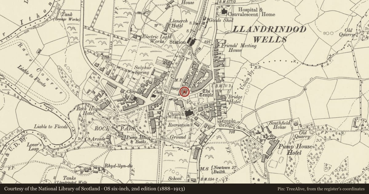 Ordnance Survey six-inch map, 2nd edition (1888–1913) covering the location of Midland Bank, Llandrindod Wells, Powys, with a pin at the register's coordinates