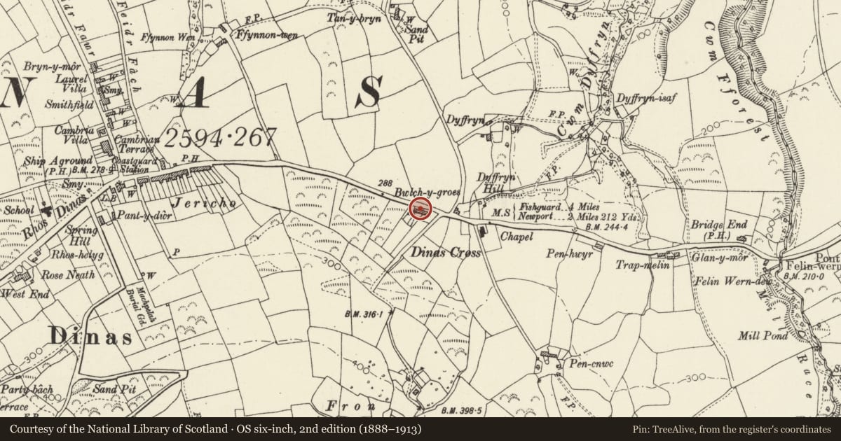Ordnance Survey six-inch map, 2nd edition (1888–1913) covering the location of The Cross, Dinas Cross, Pembrokeshire, with a pin at the register's coordinates