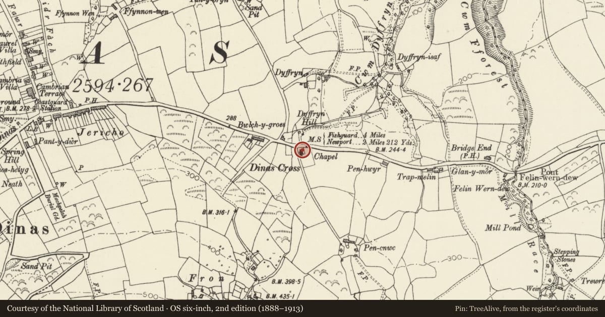 Ordnance Survey six-inch map, 2nd edition (1888–1913) covering the location of Gedeon Independent Chapel, Dinas Cross, Pembrokeshire, with a pin at the register's coordinates