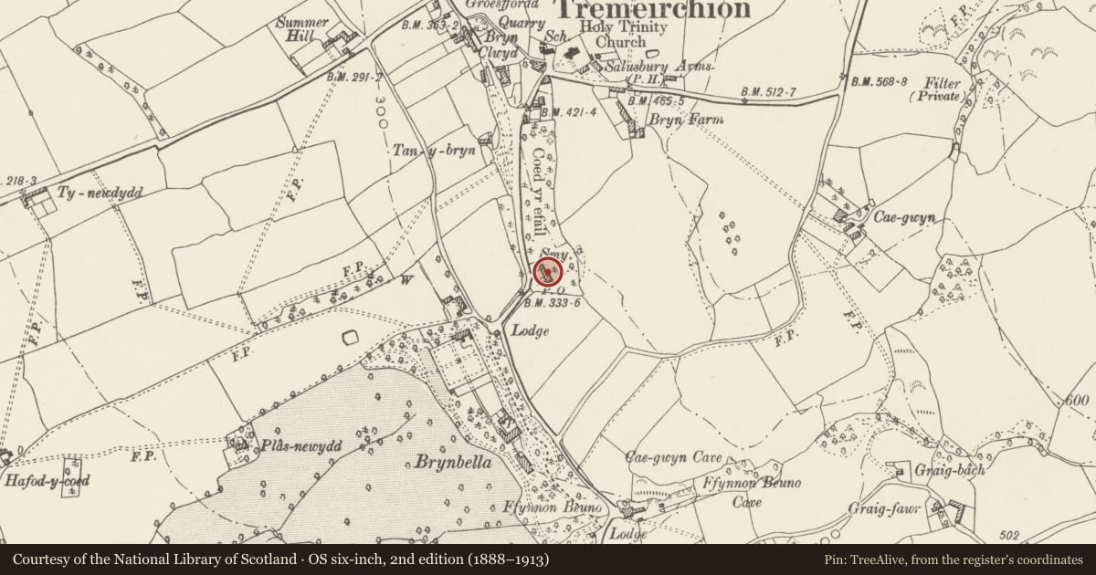 Ordnance Survey six-inch map, 2nd edition (1888–1913) covering the location of The Old Smithy, Tremeirchion, Denbighshire, with a pin at the register's coordinates