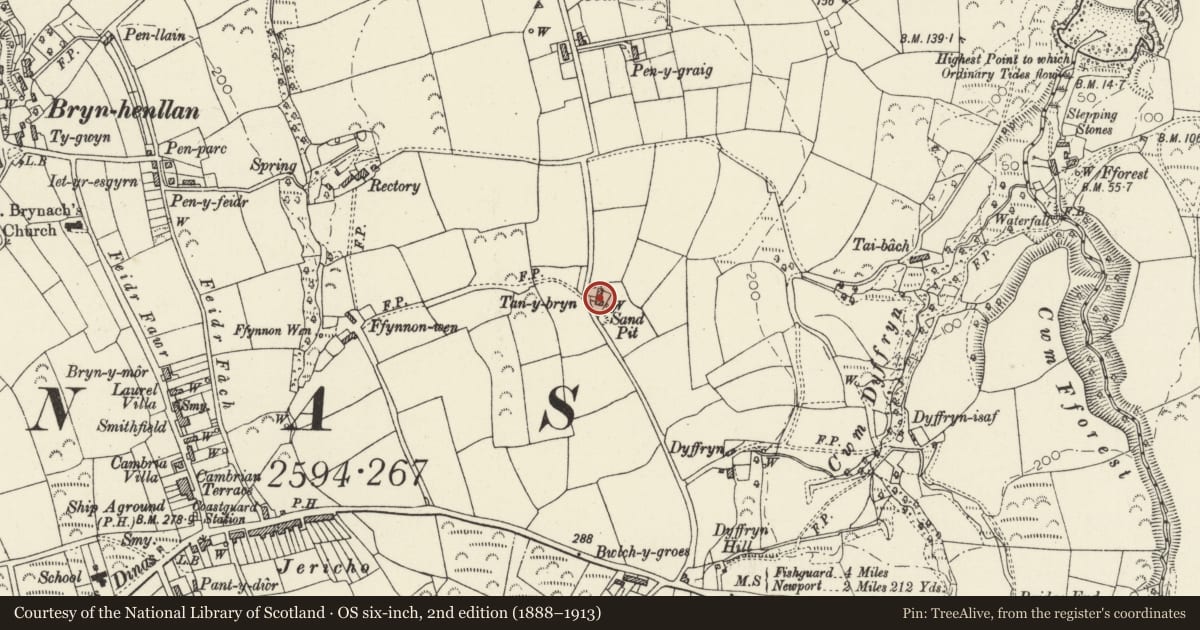 Ordnance Survey six-inch map, 2nd edition (1888–1913) covering the location of Tanybryn, Dinas Cross, Pembrokeshire, with a pin at the register's coordinates