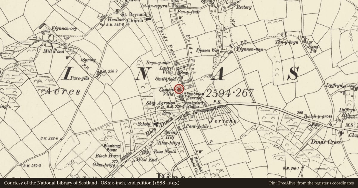 Ordnance Survey six-inch map, 2nd edition (1888–1913) covering the location of Ty Cambria, Dinas Cross, Pembrokeshire, with a pin at the register's coordinates