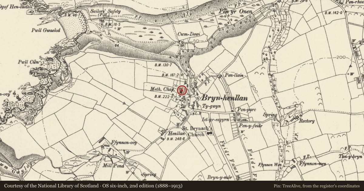 Ordnance Survey six-inch map, 2nd edition (1888–1913) covering the location of Brynhenllan Chapel, Dinas Cross, Pembrokeshire, with a pin at the register's coordinates