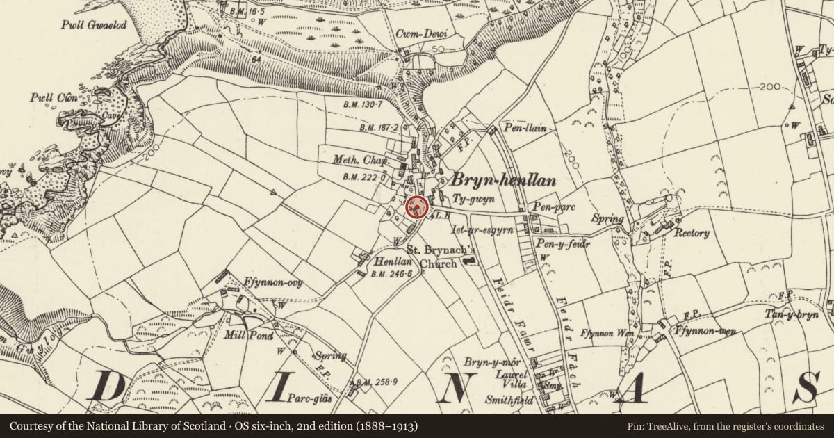 Ordnance Survey six-inch map, 2nd edition (1888–1913) covering the location of Brynhenllan Cottage, Dinas Cross, Pembrokeshire, with a pin at the register's coordinates