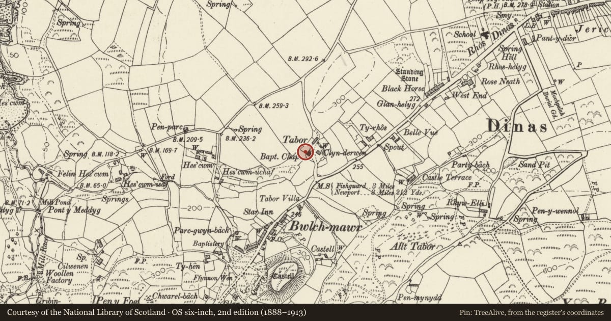 Ordnance Survey six-inch map, 2nd edition (1888–1913) covering the location of Tabor Baptist Chapel Including front wall, Railings, Bwlchmawr, Dinas Cross, Pembrokeshire, with a pin at the register's coordinates
