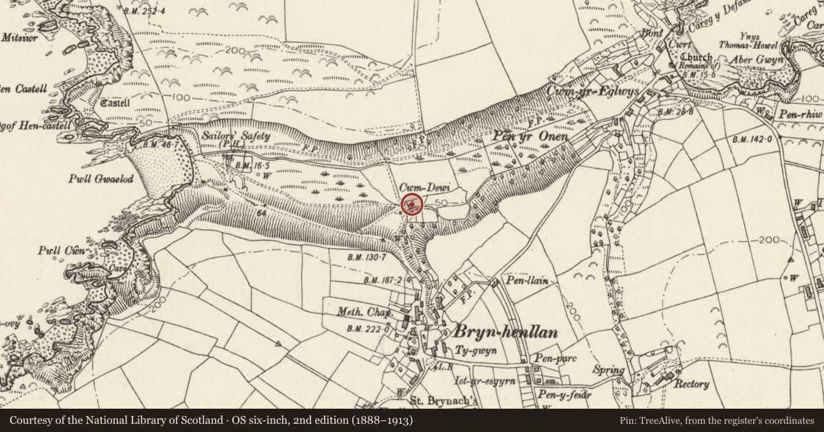 Ordnance Survey six-inch map, 2nd edition (1888–1913) covering the location of Cwm Dewi Fawr, Dinas Cross, Pembrokeshire, with a pin at the register's coordinates