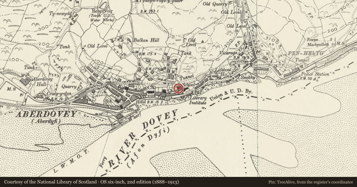 Ordnance Survey six-inch map, 2nd edition (1888–1913) covering the location of Bryhyfryd, Aberdovey, Gwynedd, with a pin at the register's coordinates