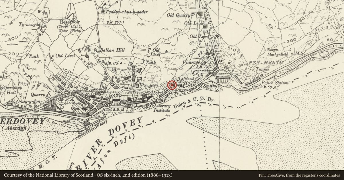 Ordnance Survey six-inch map, 2nd edition (1888–1913) covering the location of Mervinia, Aberdovey, Gwynedd, with a pin at the register's coordinates