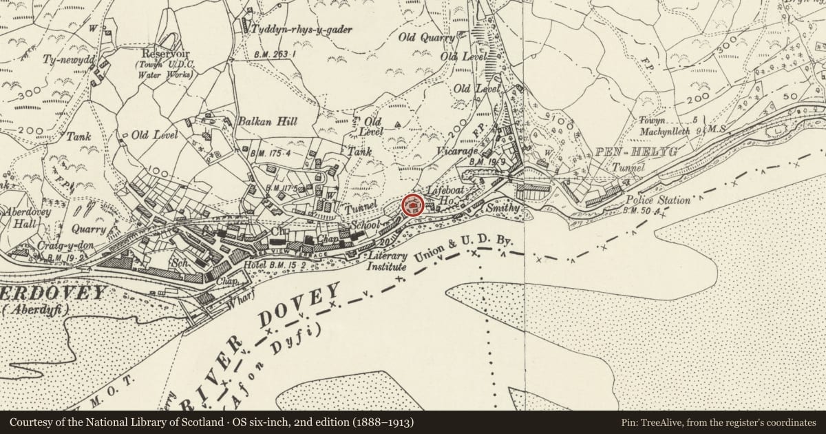 Ordnance Survey six-inch map, 2nd edition (1888–1913) covering the location of Tegfan, Aberdovey, Gwynedd, with a pin at the register's coordinates