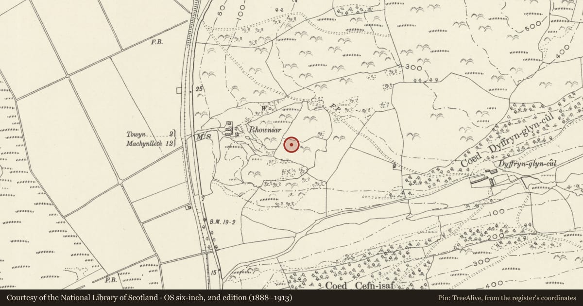 Ordnance Survey six-inch map, 2nd edition (1888–1913) covering the location of Rhowniar Outward Bound Centre, Aberdovey, Gwynedd, with a pin at the register's coordinates