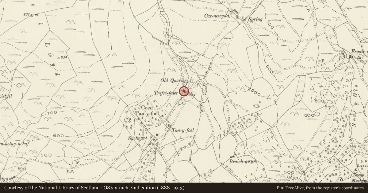 Ordnance Survey six-inch map, 2nd edition (1888–1913) covering the location of Trefri Fawr, Aberdovey, Gwynedd, with a pin at the register's coordinates