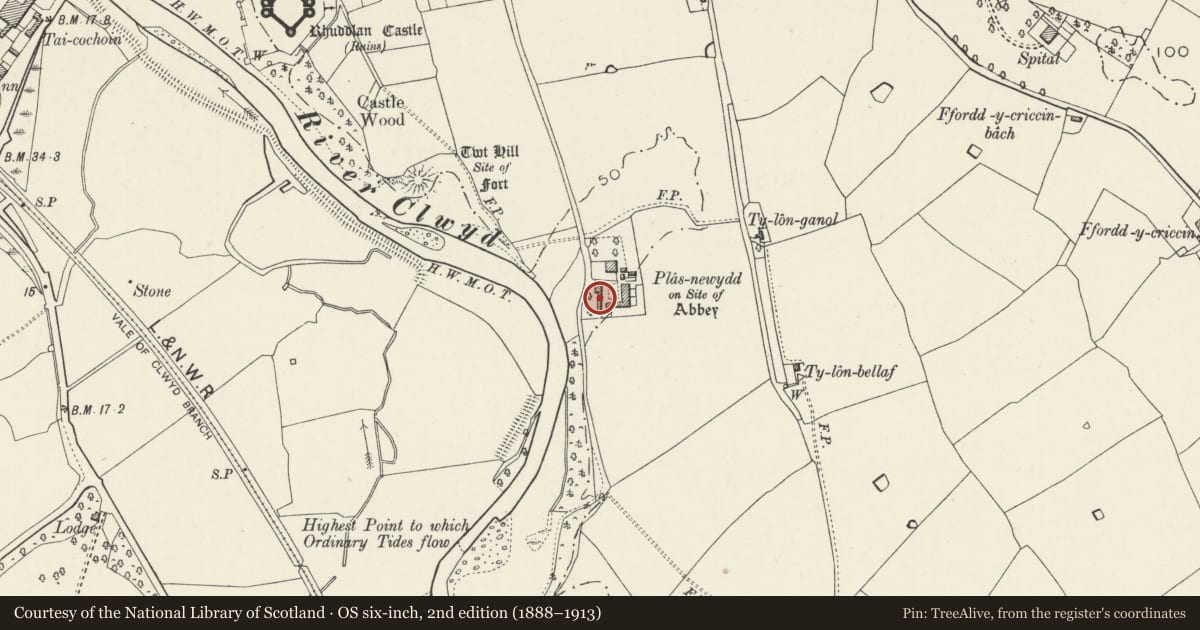 Ordnance Survey six-inch map, 2nd edition (1888–1913) covering the location of Workshop Range at Abbey Farm, Rhuddlan, Denbighshire, with a pin at the register's coordinates