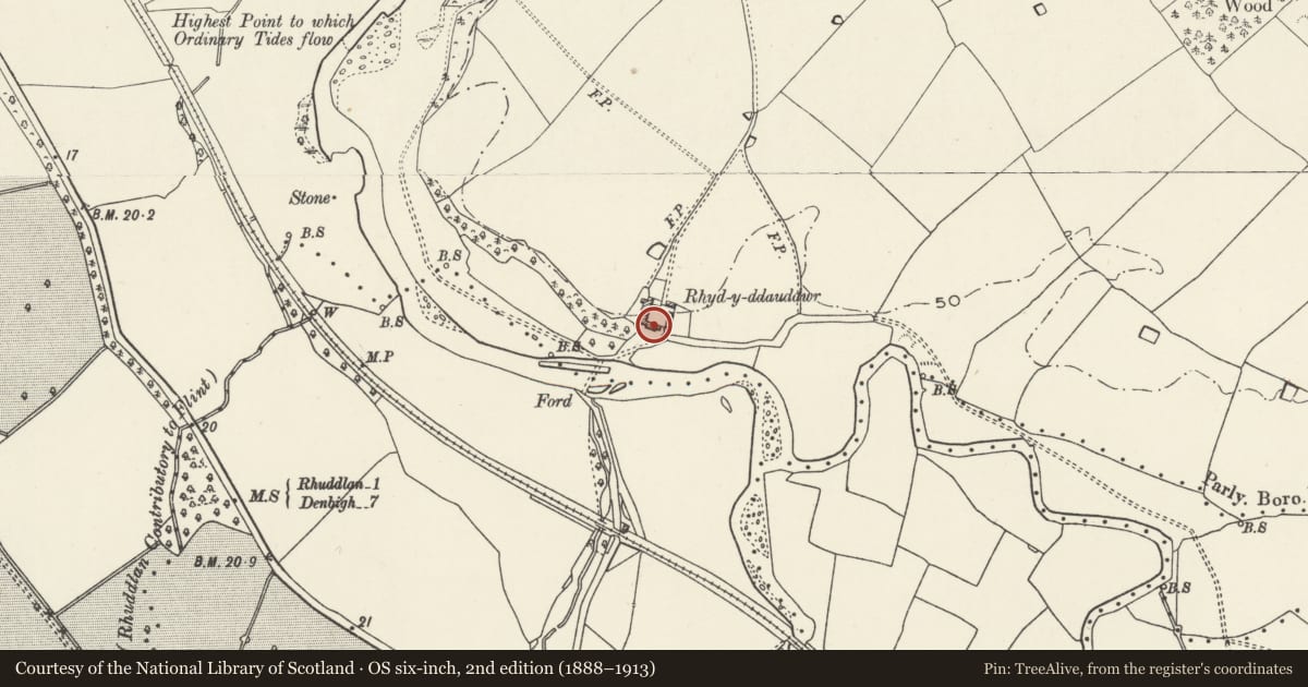 Ordnance Survey six-inch map, 2nd edition (1888–1913) covering the location of Shelter Shed at Rhydyddauddwr Farm, Rhuddlan, Denbighshire, with a pin at the register's coordinates