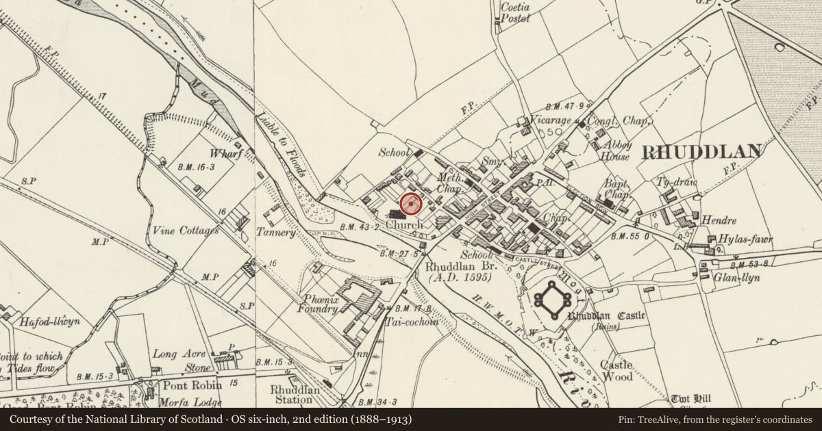 Ordnance Survey six-inch map, 2nd edition (1888–1913) covering the location of Chest Tomb to NE of Church of Saint Mary, Rhuddlan, Denbighshire, with a pin at the register's coordinates