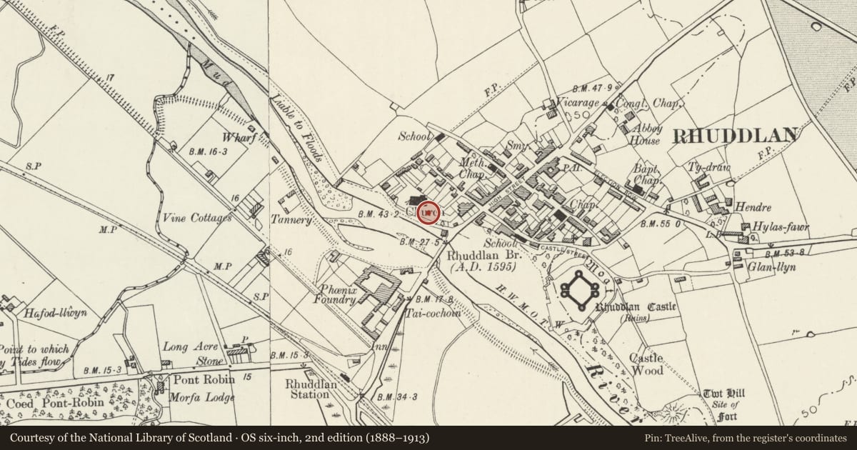 Ordnance Survey six-inch map, 2nd edition (1888–1913) covering the location of 1. Chest Tomb to SE of Church of Saint Mary, Rhuddlan, Denbighshire, with a pin at the register's coordinates