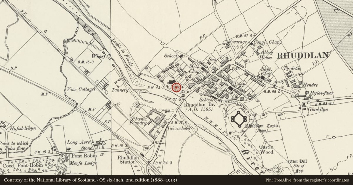 Ordnance Survey six-inch map, 2nd edition (1888–1913) covering the location of 2. Chest Tomb to SE of Church of Church of Saint Mary, Rhuddlan, Denbighshire, with a pin at the register's coordinates