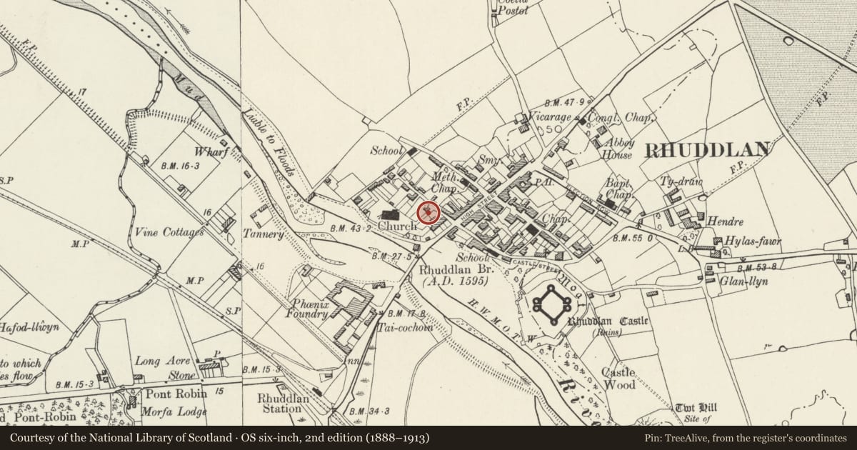 Ordnance Survey six-inch map, 2nd edition (1888–1913) covering the location of Lychgate to Churchyard, Rhuddlan, Denbighshire, with a pin at the register's coordinates