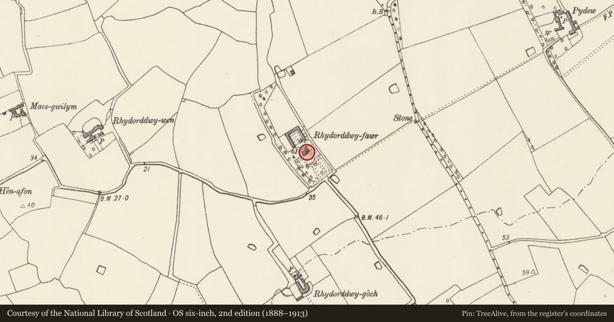 Ordnance Survey six-inch map, 2nd edition (1888–1913) covering the location of Rhydorddwy Fawr Farmhouse, Rhyl, Denbighshire, with a pin at the register's coordinates