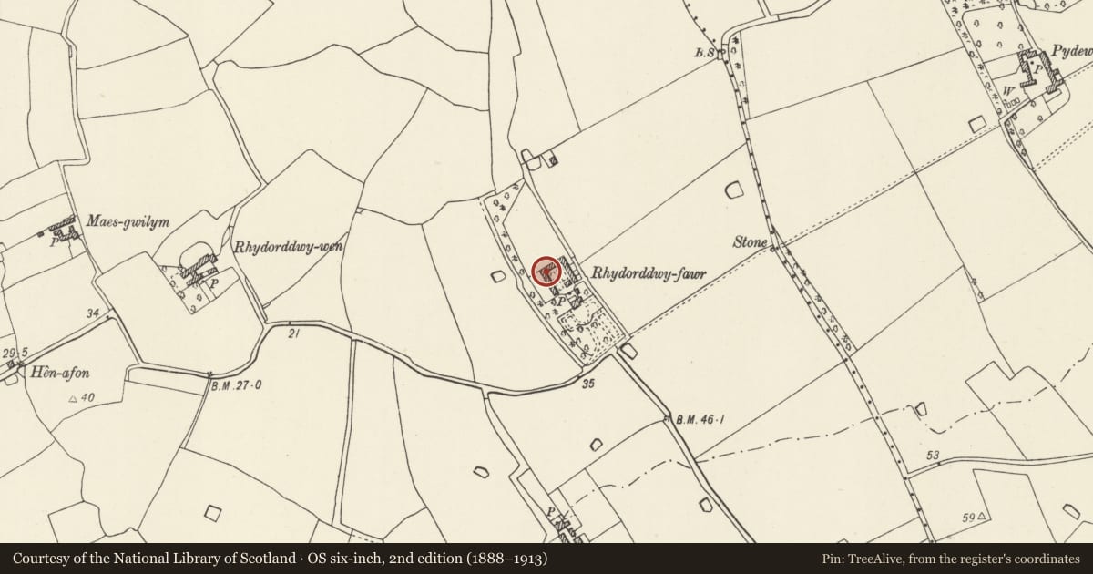 Ordnance Survey six-inch map, 2nd edition (1888–1913) covering the location of Farmbuildings at Rhydorrdwy Fawr Farm, Rhyl, Denbighshire, with a pin at the register's coordinates