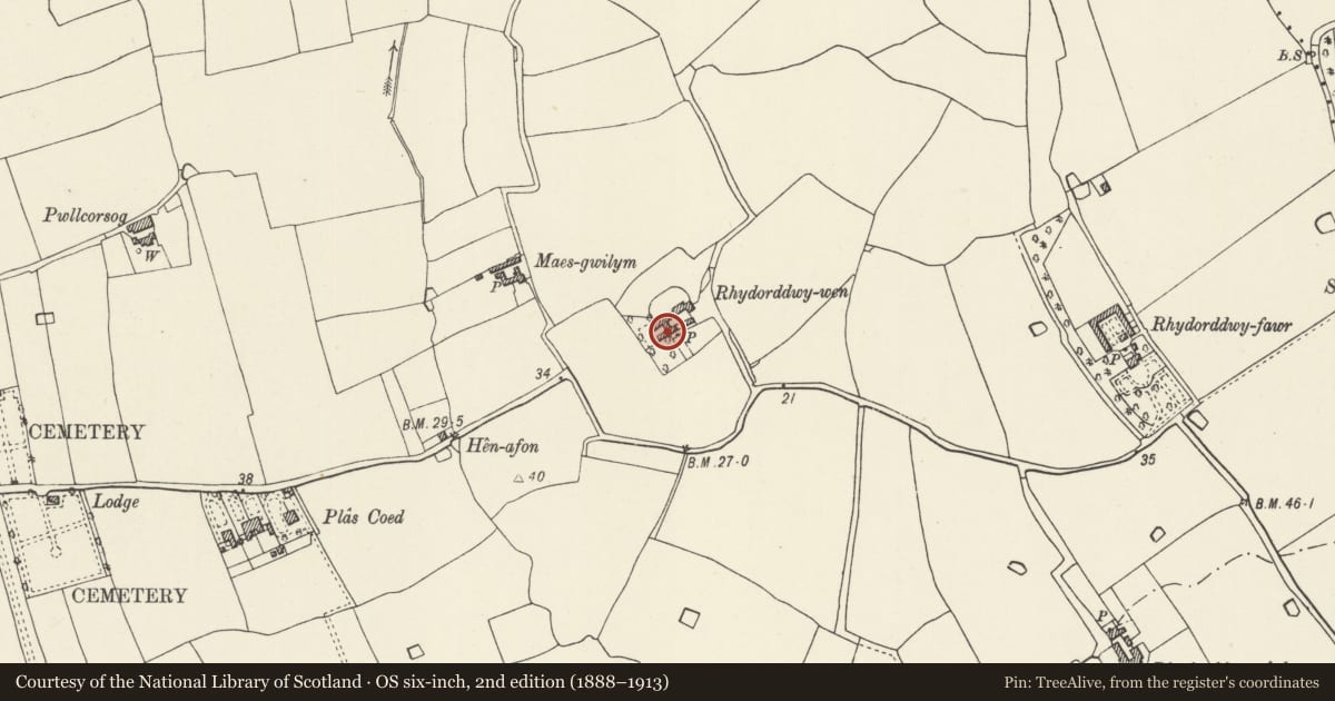 Ordnance Survey six-inch map, 2nd edition (1888–1913) covering the location of Rhyd-Wen Farmhouse, Rhyl, Denbighshire, with a pin at the register's coordinates
