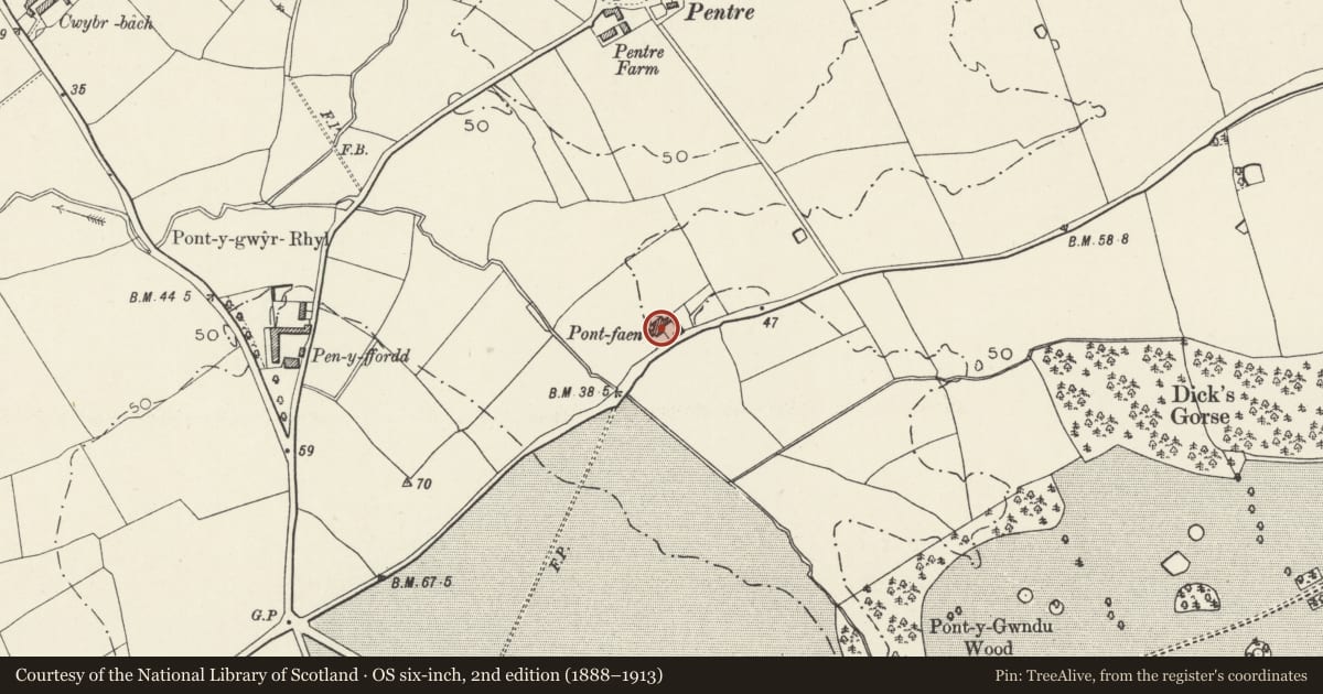 Ordnance Survey six-inch map, 2nd edition (1888–1913) covering the location of Pont Faen Farmhouse, Rhuddlan, Denbighshire, with a pin at the register's coordinates