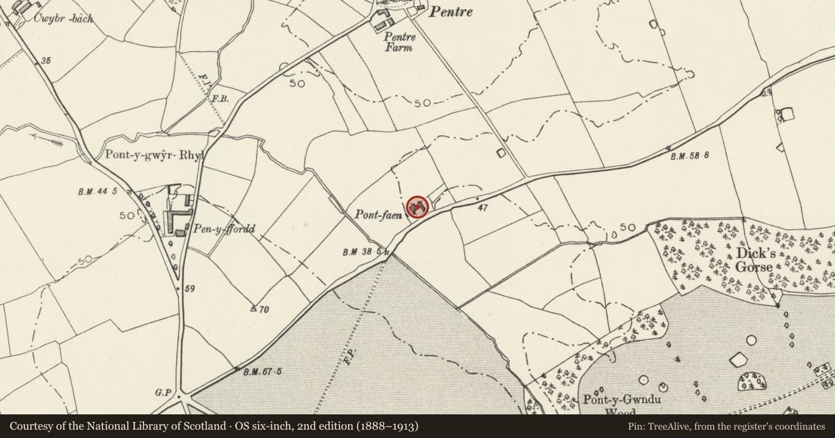 Ordnance Survey six-inch map, 2nd edition (1888–1913) covering the location of Attached outbuildings to Pont Faen Farmhouse, Rhuddlan, Denbighshire, with a pin at the register's coordinates