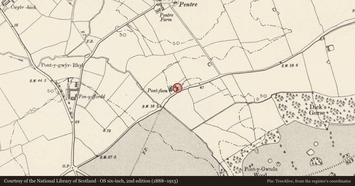 Ordnance Survey six-inch map, 2nd edition (1888–1913) covering the location of Detached Outbuilding at Pont Faen Farm, Rhuddlan, Denbighshire, with a pin at the register's coordinates