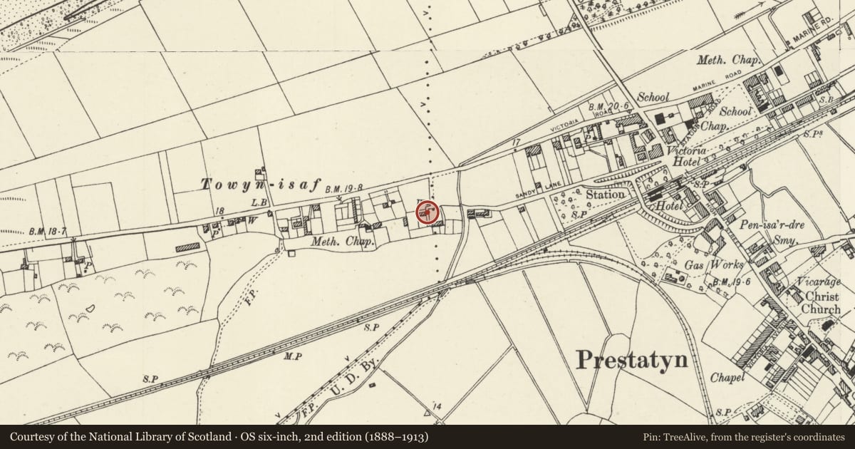 Ordnance Survey six-inch map, 2nd edition (1888–1913) covering the location of Tai Tywyn, Prestatyn, Denbighshire, with a pin at the register's coordinates