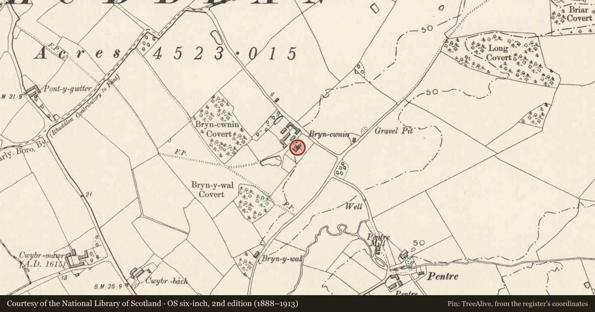 Ordnance Survey six-inch map, 2nd edition (1888–1913) covering the location of Bryn Cwnin Farmhouse, Rhuddlan, Denbighshire, with a pin at the register's coordinates