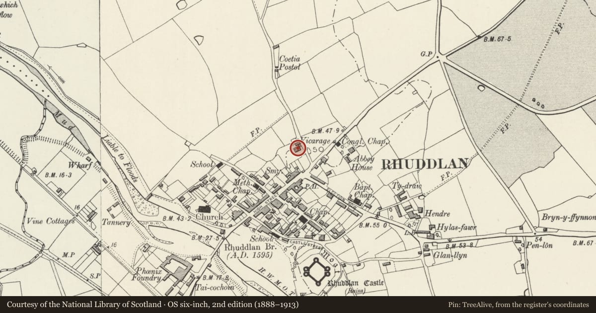 Ordnance Survey six-inch map, 2nd edition (1888–1913) covering the location of Clarence House (Old Vicarage), Rhuddlan, Denbighshire, with a pin at the register's coordinates