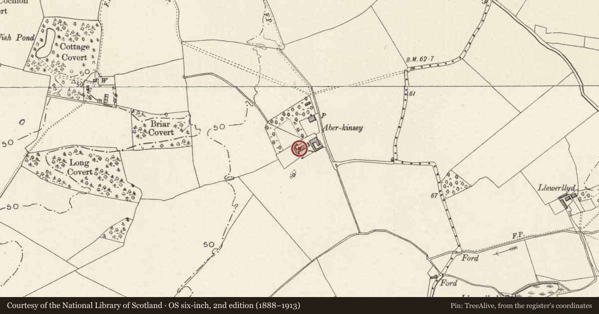 Ordnance Survey six-inch map, 2nd edition (1888–1913) covering the location of L-Plan range of farm-buildings at Aberkinsey Farm, Rhuddlan, Denbighshire, with a pin at the register's coordinates