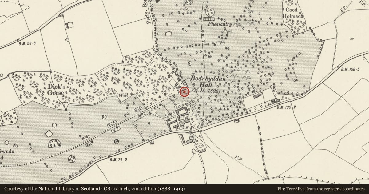 Ordnance Survey six-inch map, 2nd edition (1888–1913) covering the location of 1. Ornamental Vases in Garden at Bodrhyddan Hall, Rhuddlan, Denbighshire, with a pin at the register's coordinates