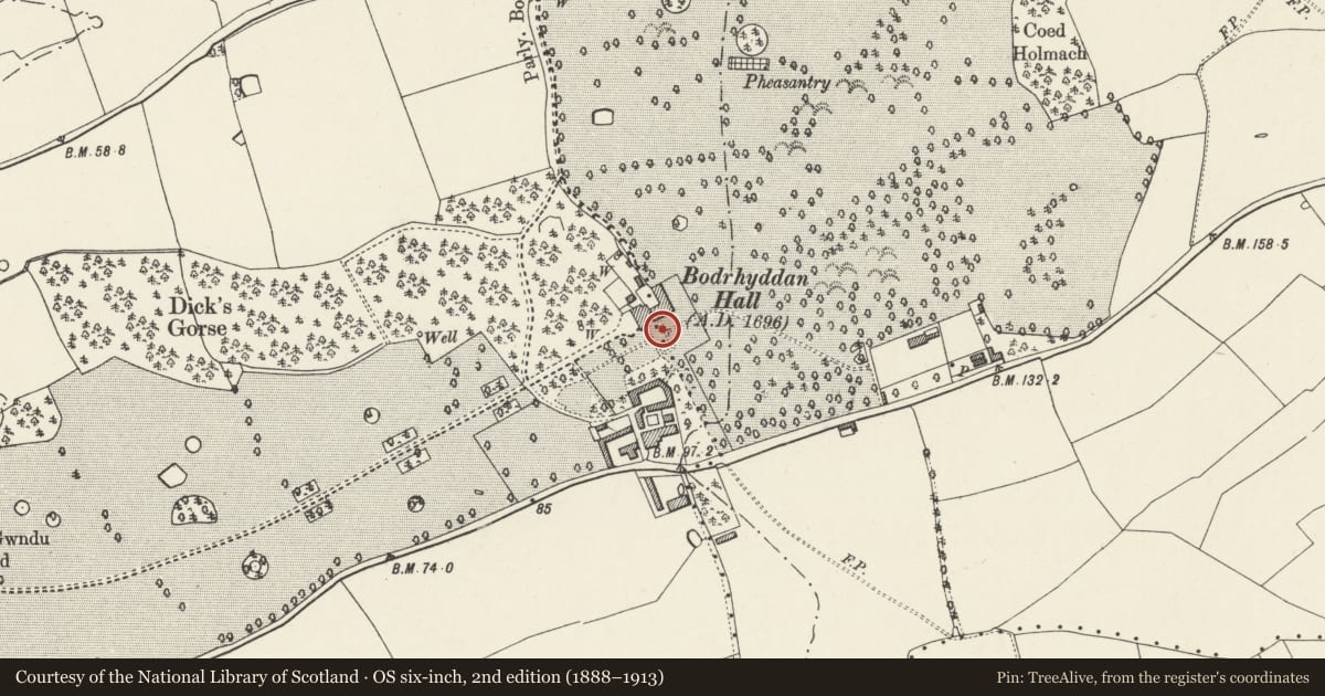 Ordnance Survey six-inch map, 2nd edition (1888–1913) covering the location of 2. Ornamental Vases in Garden at Bodrhyddan Hall, Rhuddlan, Denbighshire, with a pin at the register's coordinates