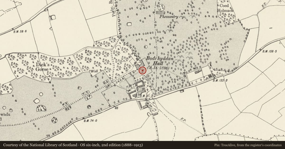 Ordnance Survey six-inch map, 2nd edition (1888–1913) covering the location of Fountain in Garden at Bodrhyddan Hall, Rhuddlan, Denbighshire, with a pin at the register's coordinates