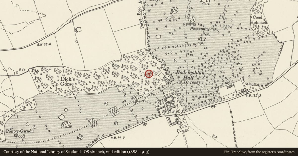 Ordnance Survey six-inch map, 2nd edition (1888–1913) covering the location of Sundial in Grounds of Bodrhyddan Hall, Rhuddlan, Denbighshire, with a pin at the register's coordinates