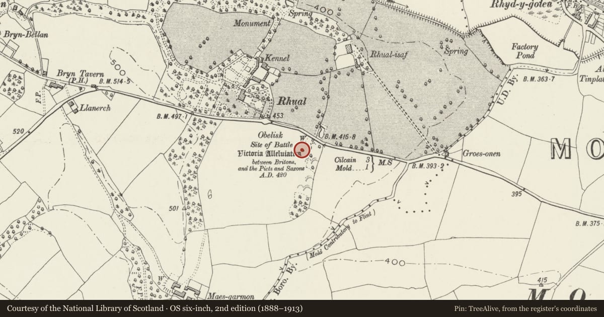 Ordnance Survey six-inch map, 2nd edition (1888–1913) covering the location of Alleluia Monument, Gwernaffield with Pantmwyn, Flintshire, with a pin at the register's coordinates