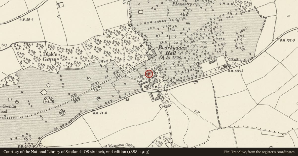 Ordnance Survey six-inch map, 2nd edition (1888–1913) covering the location of 1. Stables at Bodrhyddan Hall, Rhuddlan, Denbighshire, with a pin at the register's coordinates