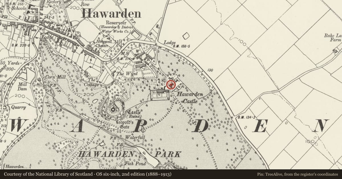 Ordnance Survey six-inch map, 2nd edition (1888–1913) covering the location of Broadlane, Hawarden, Flintshire, with a pin at the register's coordinates