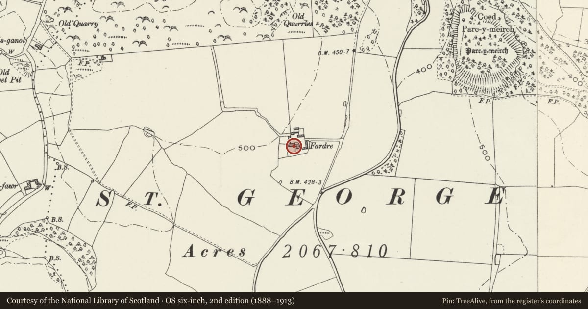 Ordnance Survey six-inch map, 2nd edition (1888–1913) covering the location of Faerdre, Llanfair Talhaiarn, Conwy, with a pin at the register's coordinates