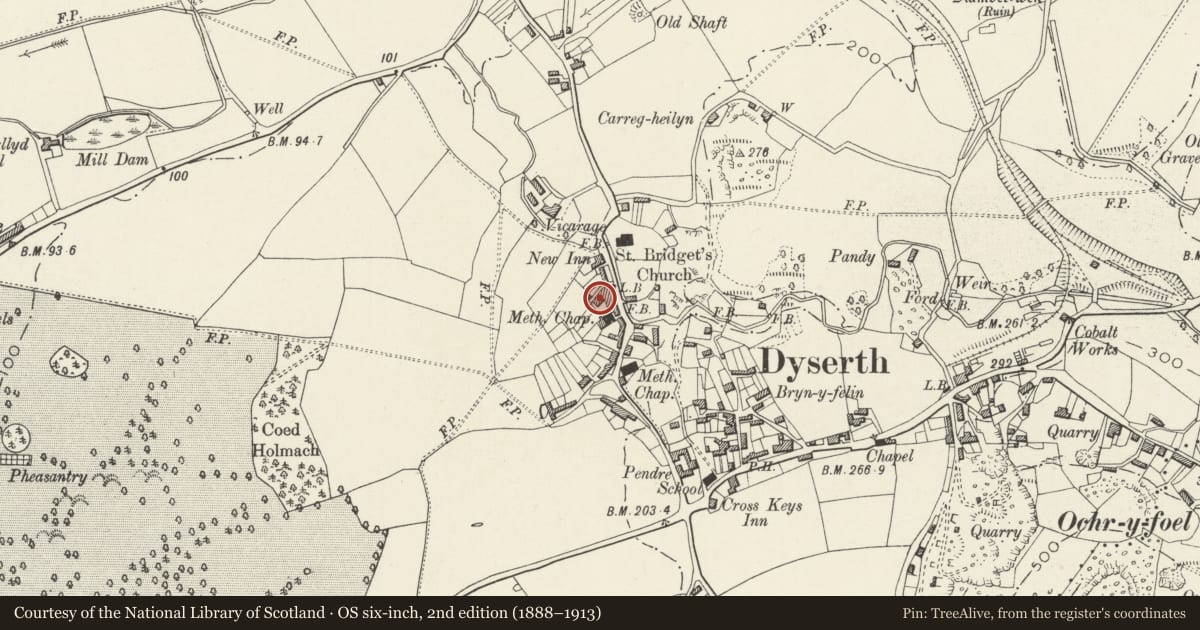 Ordnance Survey six-inch map, 2nd edition (1888–1913) covering the location of Coronation Hall (former Chapel), Dyserth, Denbighshire, with a pin at the register's coordinates