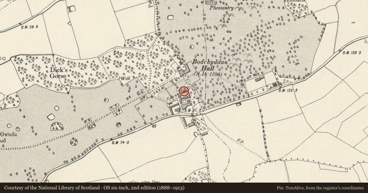 Ordnance Survey six-inch map, 2nd edition (1888–1913) covering the location of 2. Stables at Bodrhyddan Hall, Rhuddlan, Denbighshire, with a pin at the register's coordinates