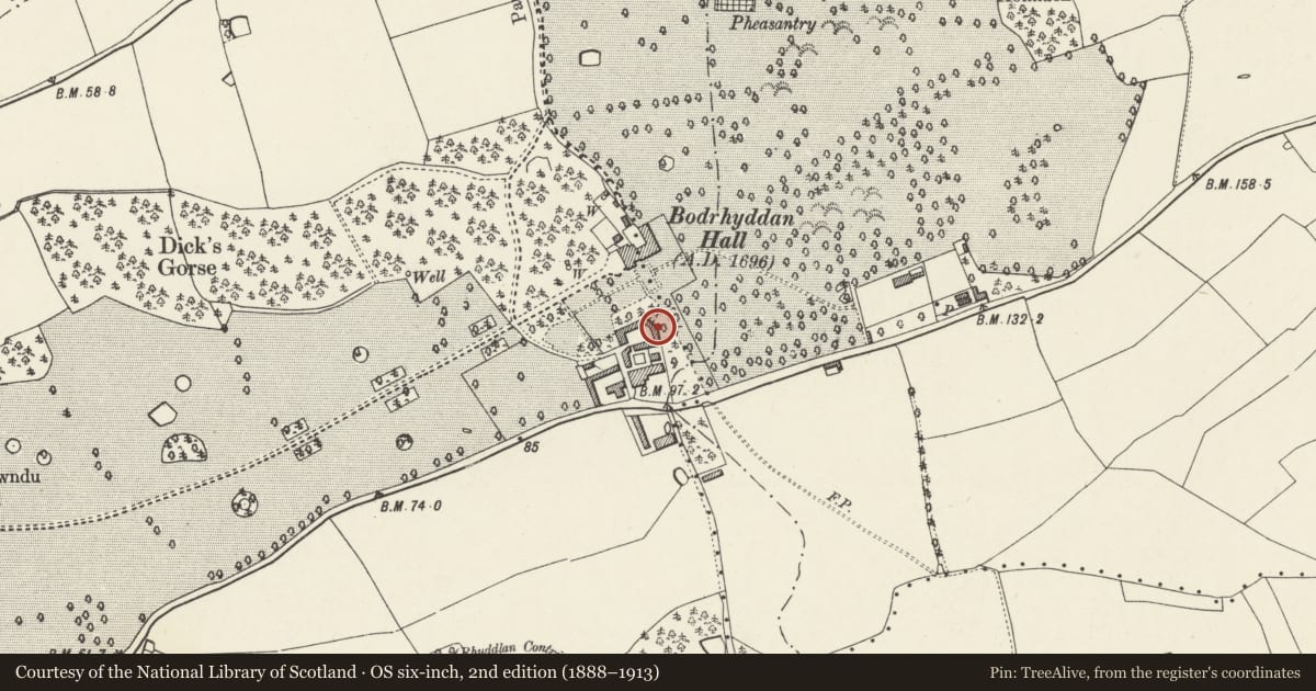 Ordnance Survey six-inch map, 2nd edition (1888–1913) covering the location of 3. Stables at Bodrhyddan Hall, Rhuddlan, Denbighshire, with a pin at the register's coordinates