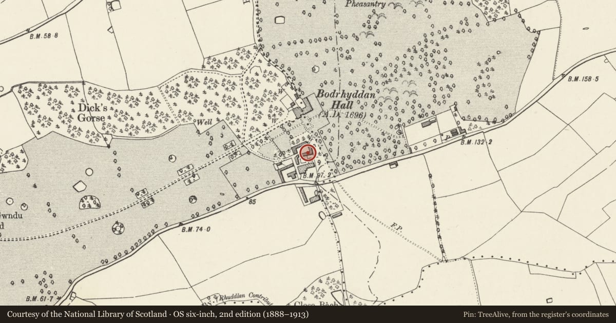 Ordnance Survey six-inch map, 2nd edition (1888–1913) covering the location of House at Home Farm, Rhuddlan, Denbighshire, with a pin at the register's coordinates