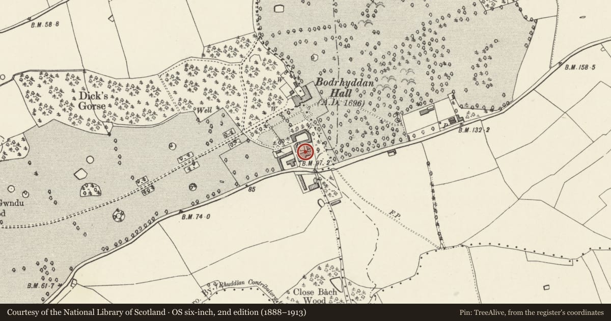 Ordnance Survey six-inch map, 2nd edition (1888–1913) covering the location of Stable Block at Bodrhyddan Home Farm, Rhuddlan, Denbighshire, with a pin at the register's coordinates