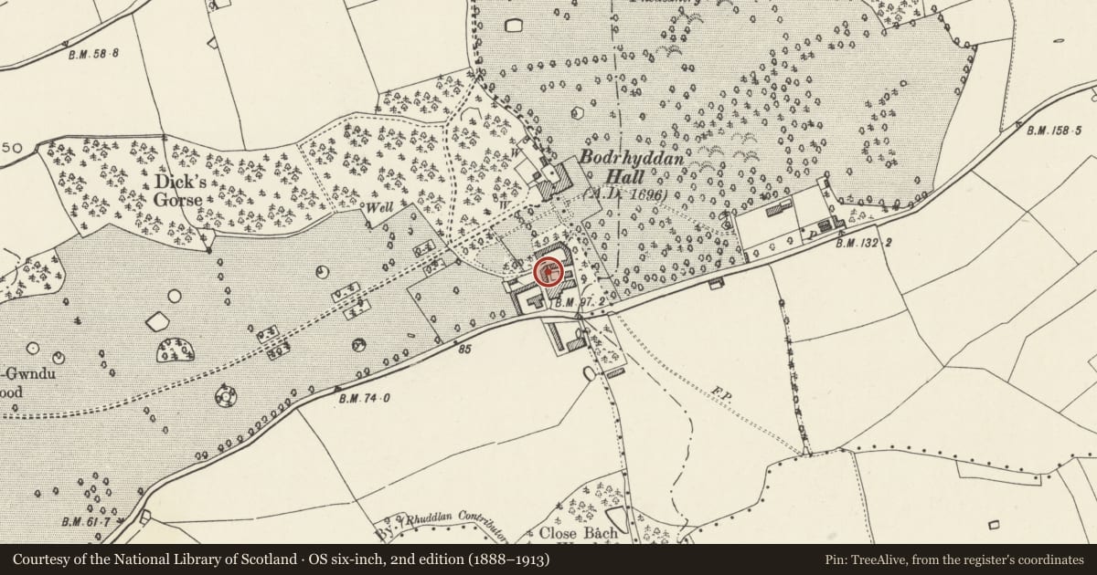 Ordnance Survey six-inch map, 2nd edition (1888–1913) covering the location of Former Cowhouse or Shelter-shed at Bodrhyddan Home Farm, Rhuddlan, Denbighshire, with a pin at the register's coordinates